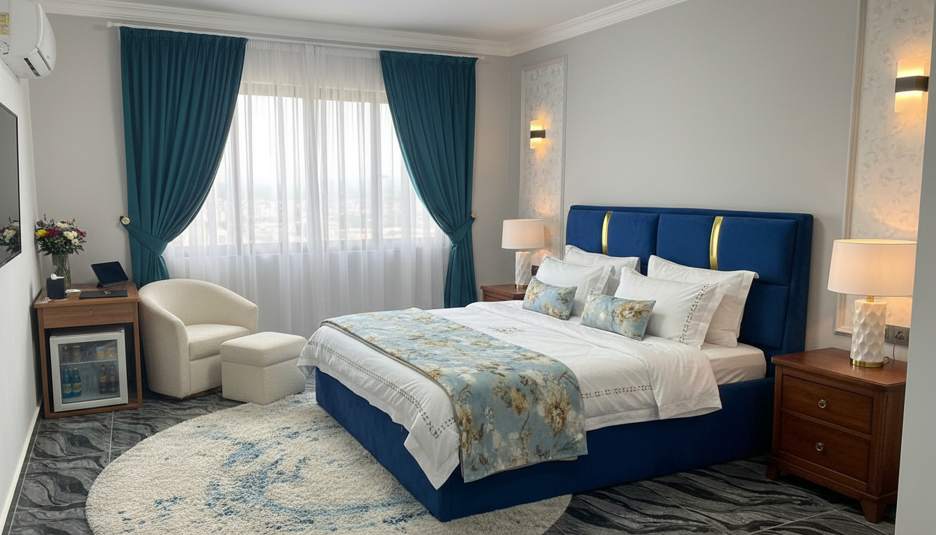 Deluxe Room — bright, air-conditioned room with king bed and imported linen. at LAWRENCE LIZ VILLE APARTMENT AND HOTEL, luxury accommodation in Awoyaya, Ibeju-Lekki
